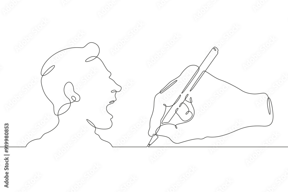 Poster hand with pen draws talking head. man speaks. pencil in hand. profile of face.one continuous line. l