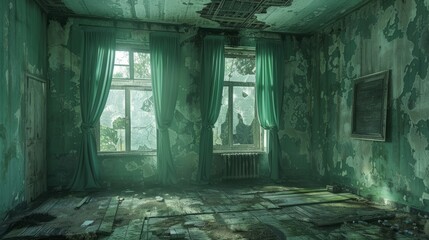 Abandoned room with peeling paint and overgrown vegetation in an old building