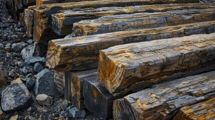 Rugged wooden sleepers crafted from aged logs against a brutal backdrop