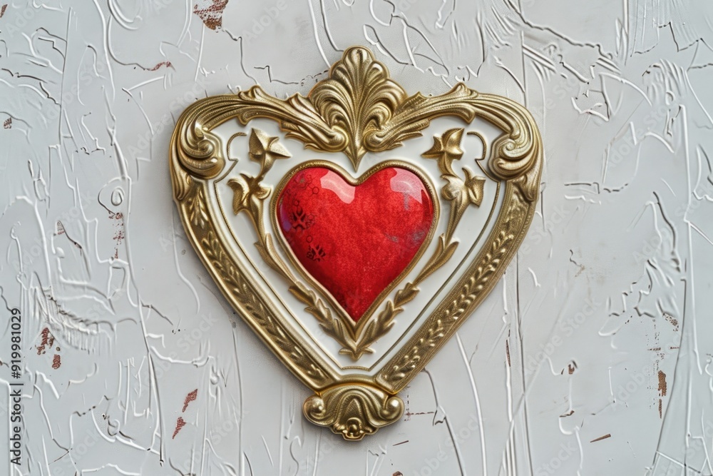 Poster a romantic decorative piece featuring a red heart within a gold frame displayed on a white backgroun