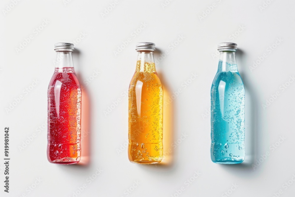 Poster close-up of three differently colored soda bottles on a white surface
