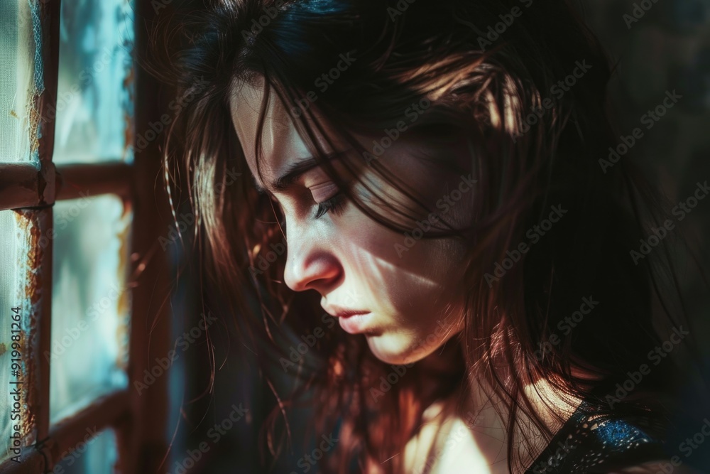 Poster A person is standing at a window with their eyes shut, possibly lost in thought or daydreaming