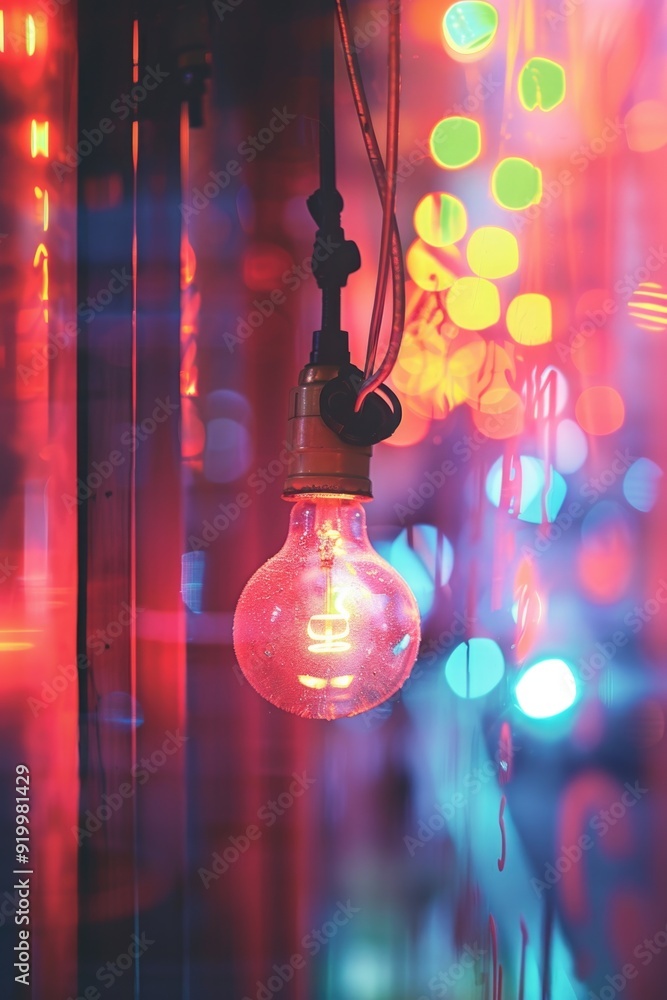 Poster A close-up shot of a single light bulb hanging from a string, shining bright with a warm glow