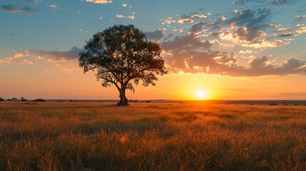 Fototapeta premium Sunset over open grassland with a lone tree in the foreground