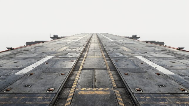 Aerial view of a long, empty aircraft carrier deck in a misty atmosphere at dawn
