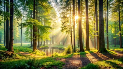 Obraz premium Serene forest landscape illuminated by morning light, concept of majestic scenery, forest, landscape, serene, untouched