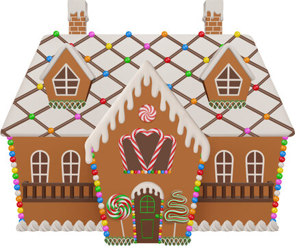 3d christmas gingerbread house front view. christmas house with cookies and candies	