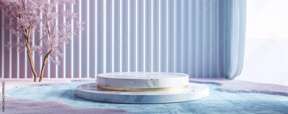 Poster minimalistic marble product display podium in a serene setting with soft light and elegant decor