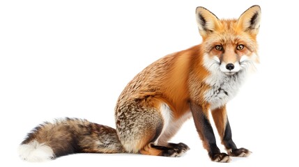 Fototapeta premium Striking Red Fox Vulpes vulpes Posing Gracefully with Bushy Tail Isolated Against a Clean White Background Showcasing the Majestic Beauty and Captivating Presence of this Iconic Wildlife Species