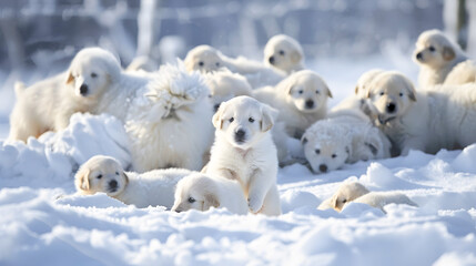 Adorable puppies playing and romping happily in a snowy winter wonderland surrounded by their fluffy white canine companions  The scene captures the joyful
