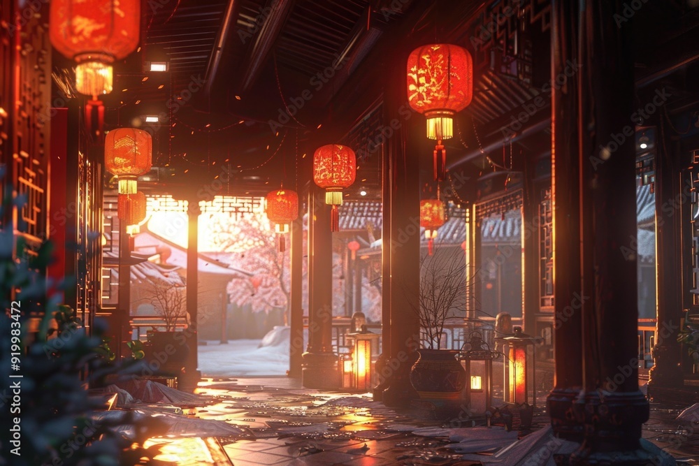 Poster a warm and inviting room filled with many lanterns suspended from the ceiling, ideal for use in home