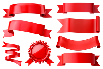 PNG red ribbon banner element set, transparent background