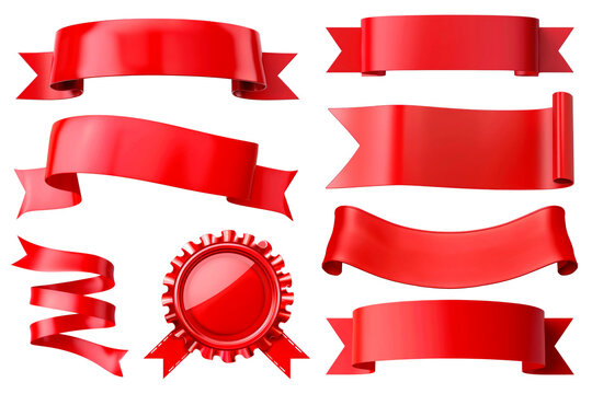 PNG red ribbon banner element set, transparent background