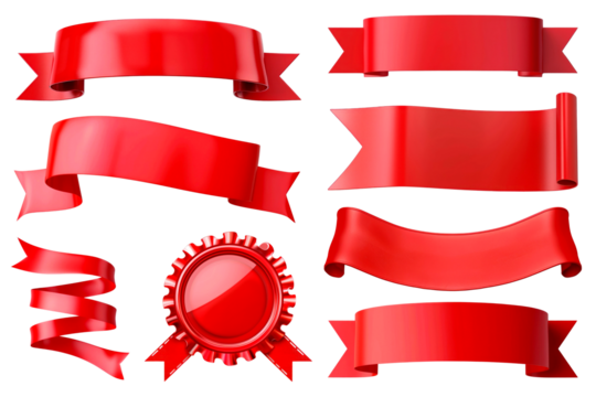 PNG red ribbon banner element set, transparent background - Powered by Adobe