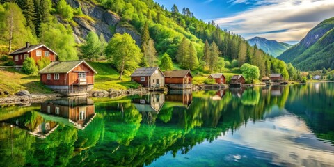 Obraz premium Beautiful landscape of Scandinavia showcasing lush green forests, crystal clear lakes, and charming wooden houses