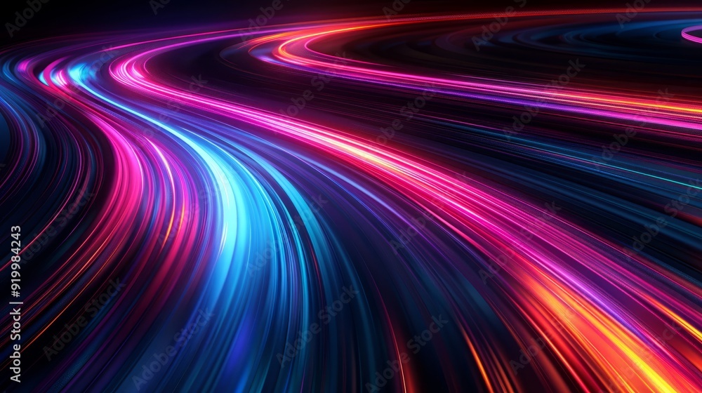 Poster colorful light trails create a dynamic motion effect through a dark background