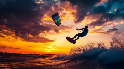 A kite surfer captured during a sunset with the kite’s vibrant colors creating a striking silhouette against the dramatic hues of the sky.