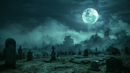 A haunting graveyard under a full moon in a foggy night