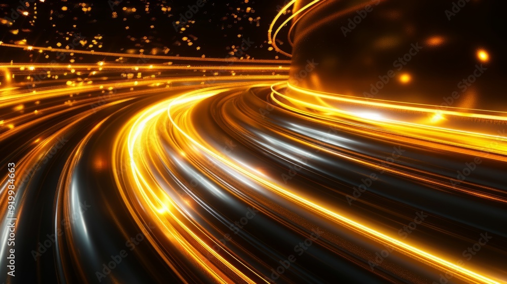 Poster Golden light trails swirl through a dark background, creating a dynamic visual effect