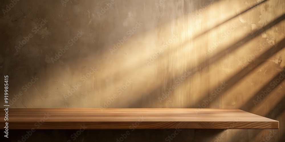 Aufkleber brown table top with abstract shadows on shelf in front of wall with soft light , brown, table, top,