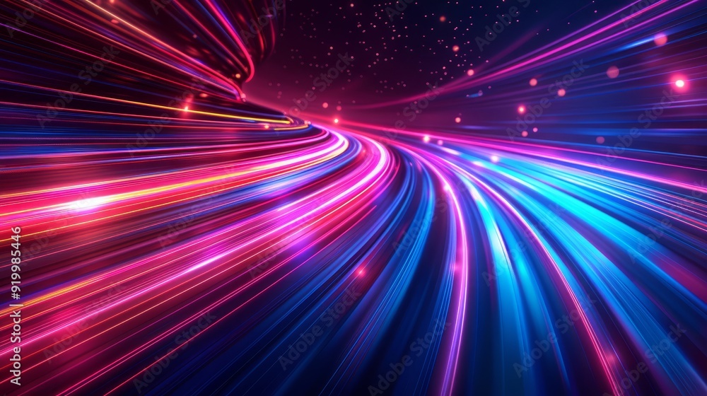 Poster Colorful light trails create a dynamic abstract pattern in a dark background
