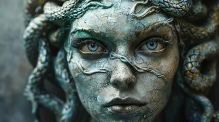 Fototapeta premium Medusa sculpture featuring intricate details and vibrant colors in a mystical setting