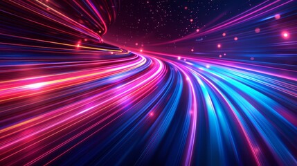 Colorful light trails create a dynamic abstract pattern in a dark background