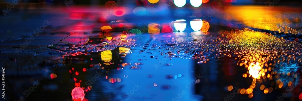 Poster Street lights illuminating puddles at night