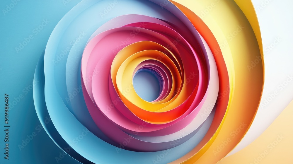 Poster dynamic 3d spiral with colorful gradients, creating a vibrant abstract design on a light blue backgr