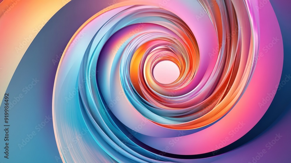 Poster dynamic 3d spiral with colorful gradients, creating a vibrant abstract design on a light blue backgr