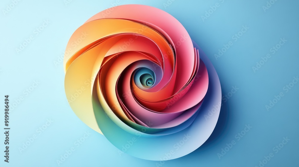 Poster dynamic 3d spiral with colorful gradients, creating a vibrant abstract design on a light blue backgr