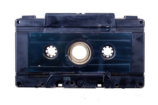 A close-up view of a cassette tape on a white background, ideal for use in music-related designs or as a nostalgic symbol