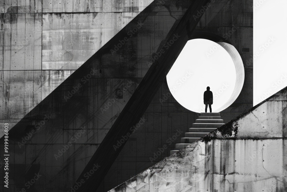 Poster a person stands at the top of a concrete structure, offering a view