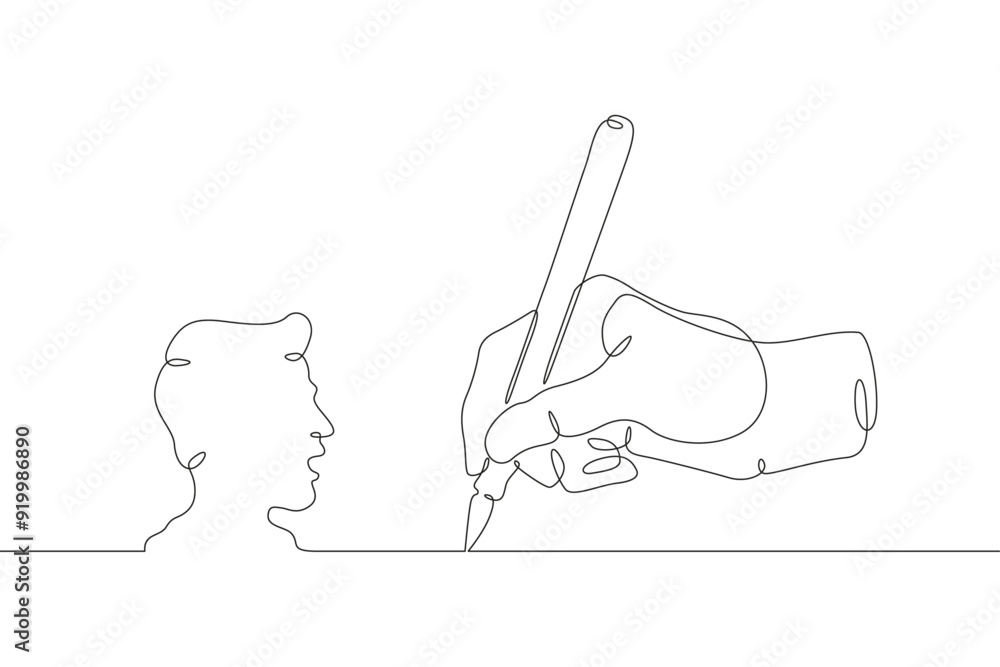Poster hand with pen draws talking head. man speaks. pencil in hand. profile of face.one continuous line. l