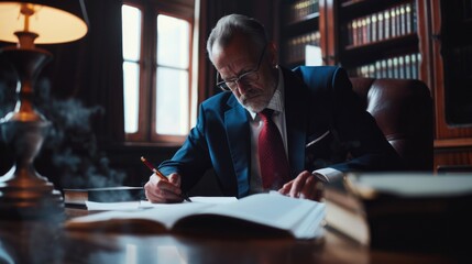 Fototapeta premium Man sitting at desk with pen and paper, focused on writing