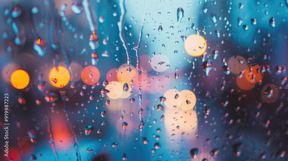 Poster a rainy window with droplets of water, perfect for use in weather-related or interior design context