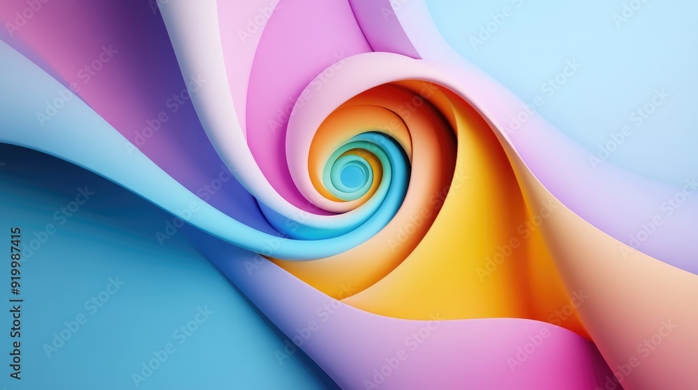 Poster vivid 3d spiral pattern with colorful gradients, creating a dynamic abstract design on a serene ligh
