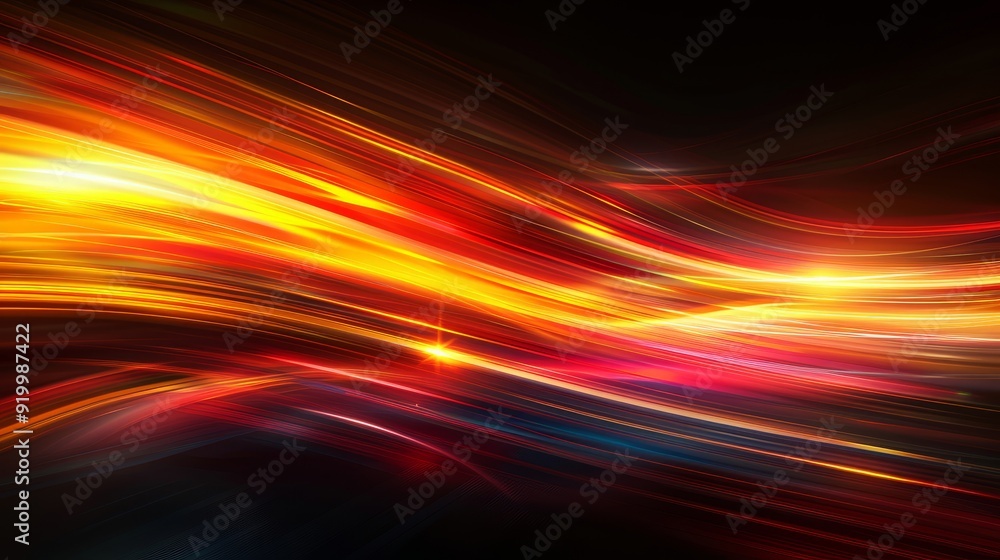 Poster vibrant abstract light trails swirling in dynamic patterns against a dark background