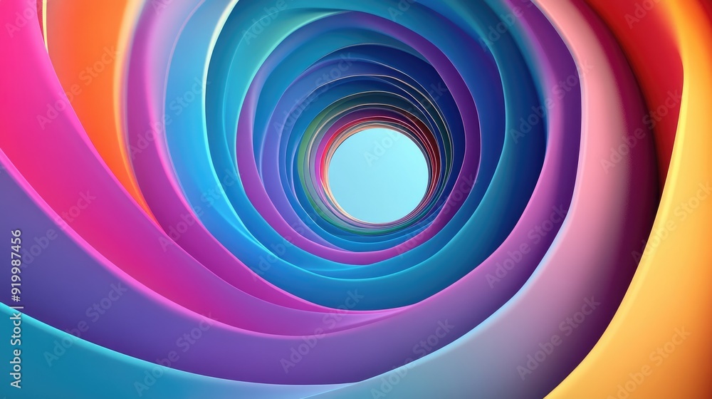 Poster vivid 3d spiral pattern with colorful gradients, creating a dynamic abstract design on a serene ligh