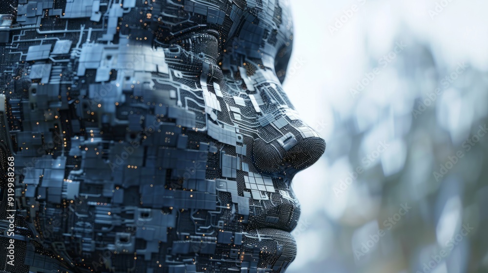 Poster close-up view of a cybernetic face with intricate circuit patterns against a blurred background