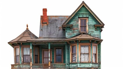 Fototapeta premium Victorian-style house with ornate details in a faded green color and a complex roofline