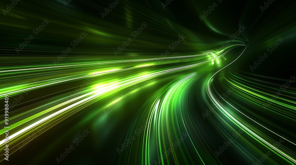 Poster dynamic green light trails creating an abstract background effect on a dark surface