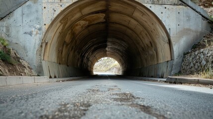 A military-style concrete tunnel devoid of architectural aesthetics, dark, menacing, and inexpensive, passing beneath a road.