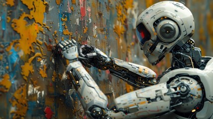 Robot interacting with a weathered wall in a futuristic urban environment during daylight