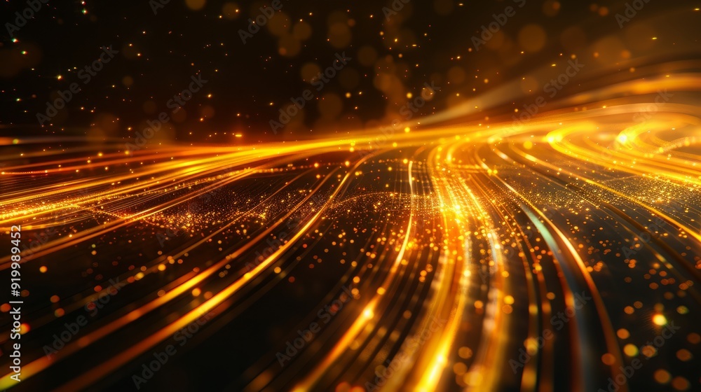 Poster bright golden light trails create a dynamic abstract pattern on a dark background