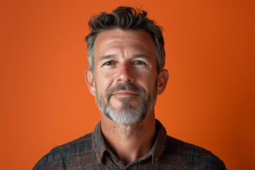 Fototapeta premium happy, studio portrait of a man in his 40s, front mugshot, looking at the camera, facing the camera straight ahead, random clothes. orange