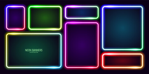 Colorful glowing neon banners, illuminated square frames. Shiny vibrant border, glow effect. Purple vintage retro lights, night illumination. Modern futuristic UI design elements. Vector illustration