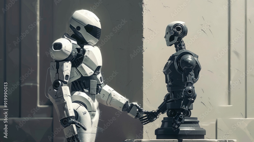 Poster two humanoid robots engaging in a moment of connection in a futuristic urban environment