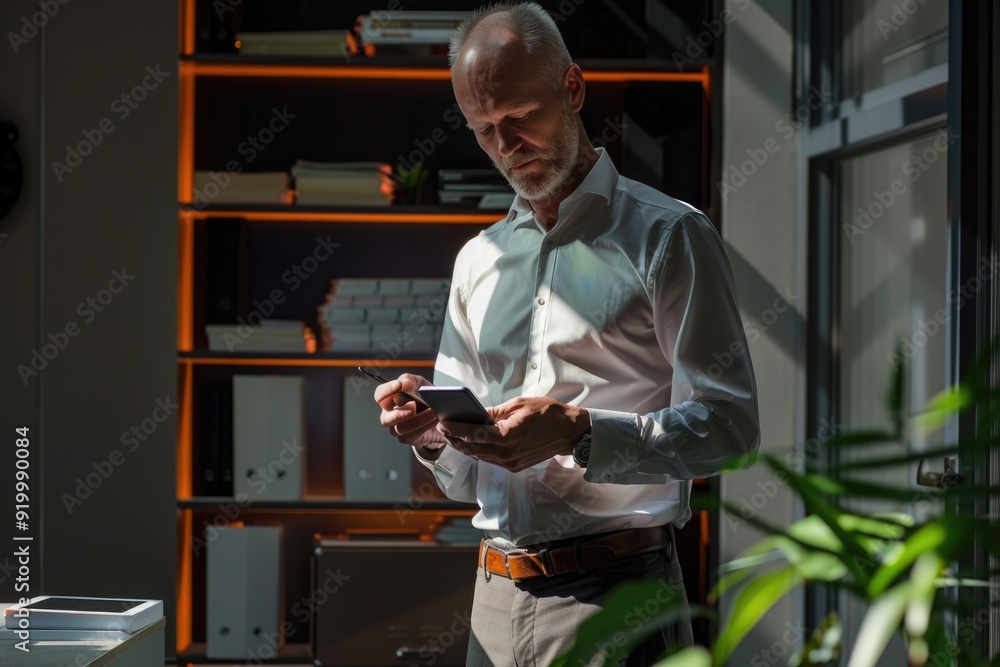 Poster a person checking their mobile device, possibly important information or communication