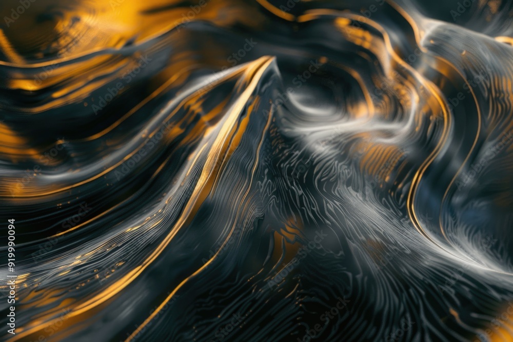 Poster close-up shot of a swirling pattern in black and gold colors